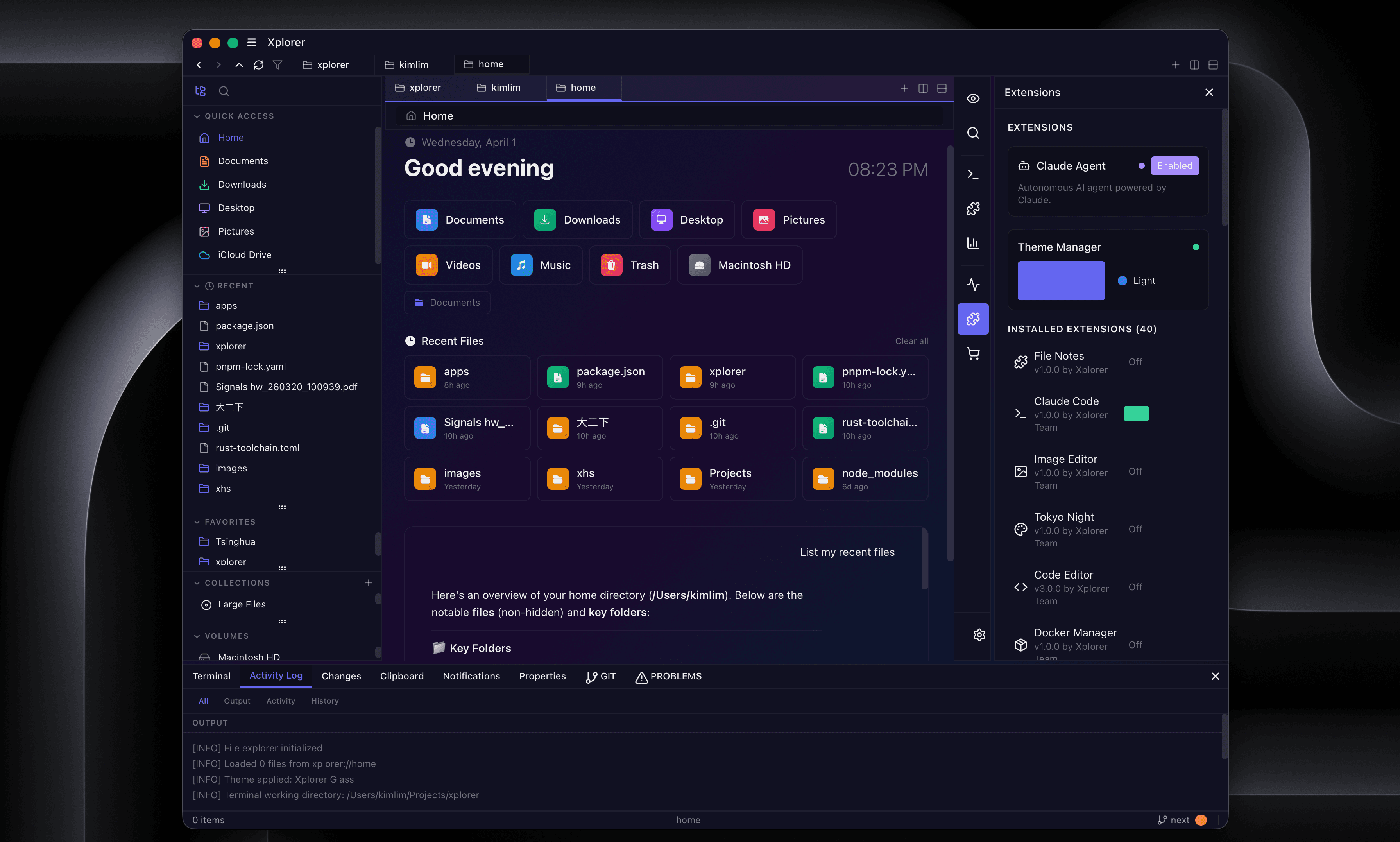 Xplorer file manager — home page with AI chat, extensions, and file browser